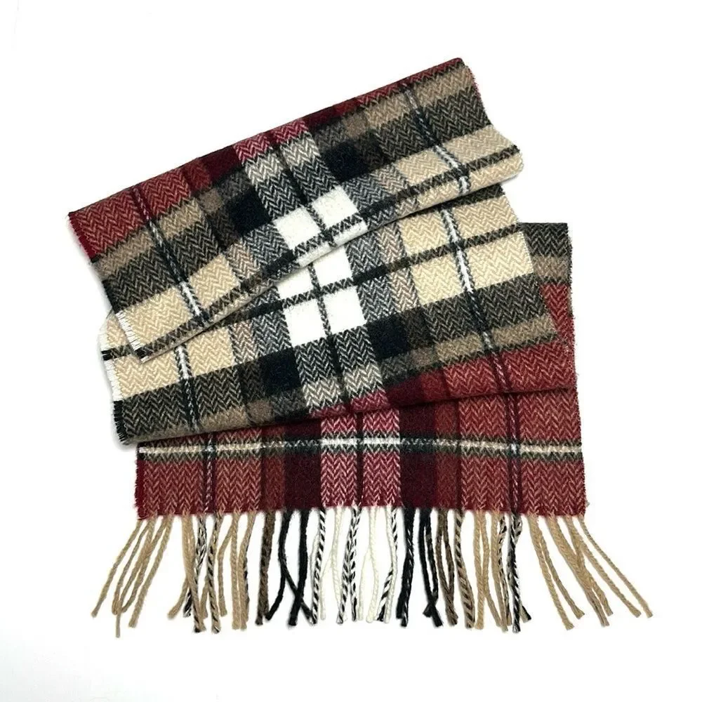 Geoffrey Beene Plaid Wool Scarf Red Gray Beige Made in Italy Vintage Unisex